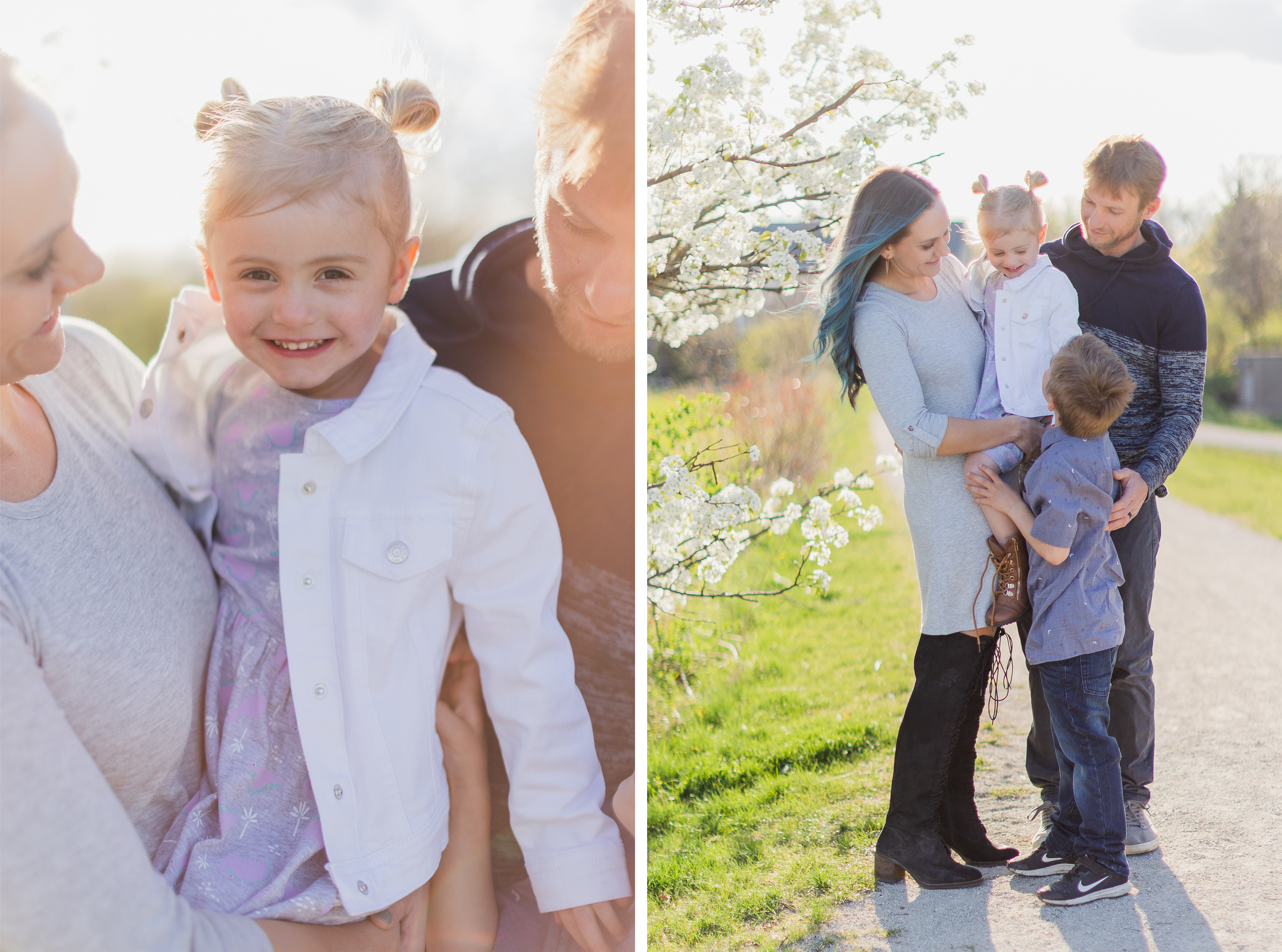 Spring Family Session, Wheaton Illinois, Northside Park. Family standing close next to each other, looking at each other. Daughter smiling in the camera.