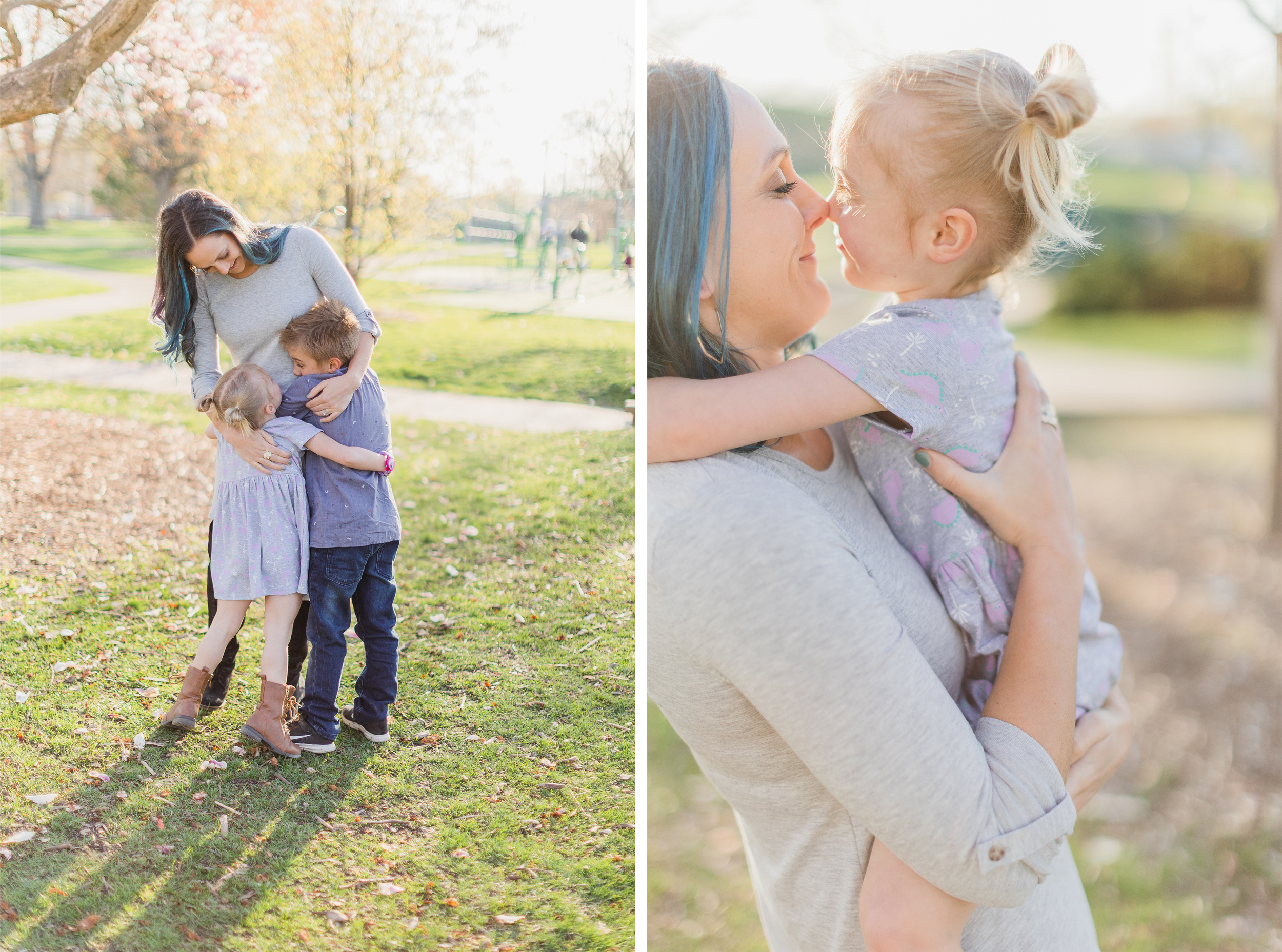 Wheaton Illinois, Northside Park. Mom is standing, hugging her kids. Mom is holding daughter, noses toughing.