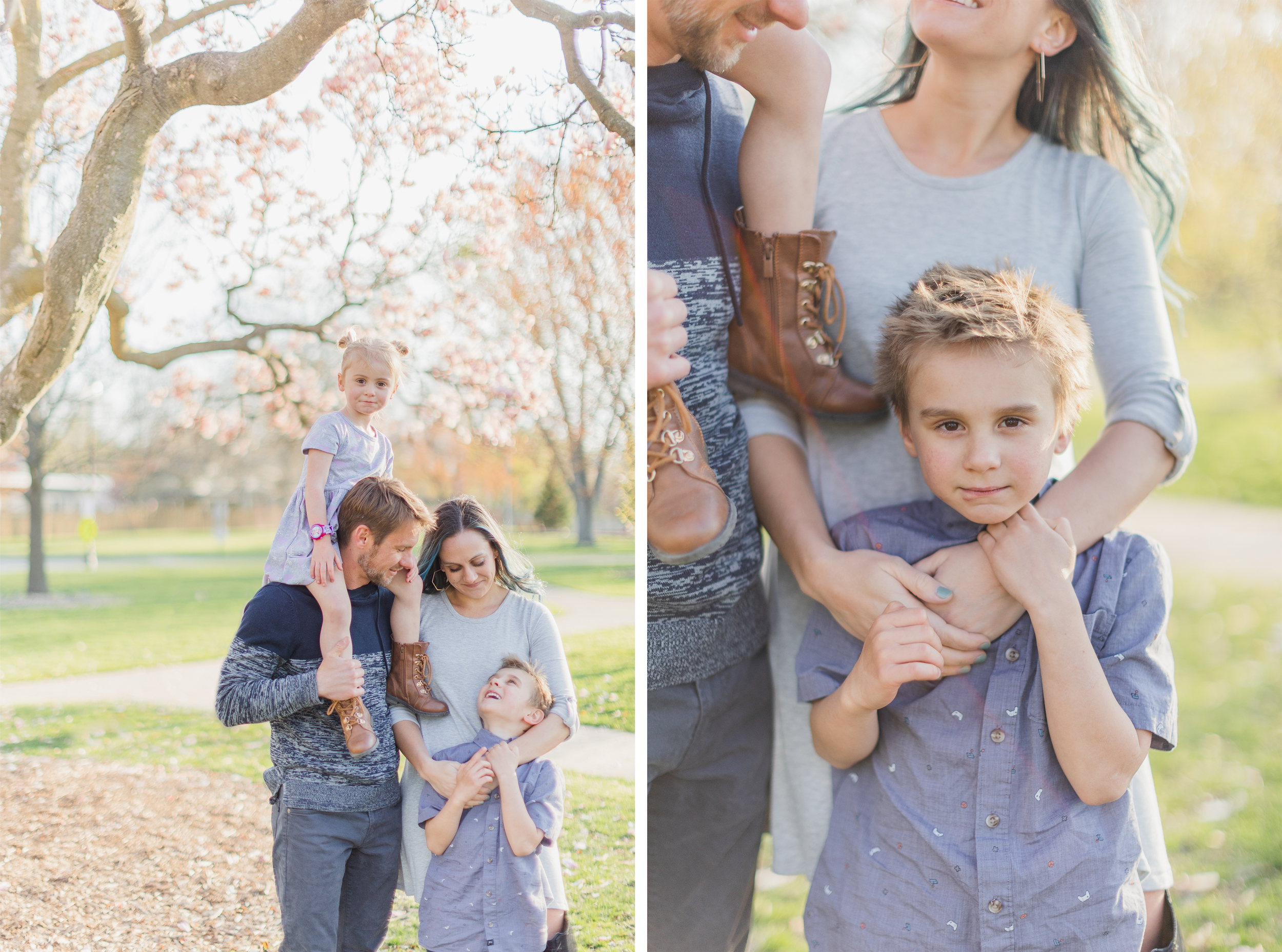 Spring Family Session, Wheaton Illinois, Northside Park. Close up of family hugging each other, daughter and son looking at the camera