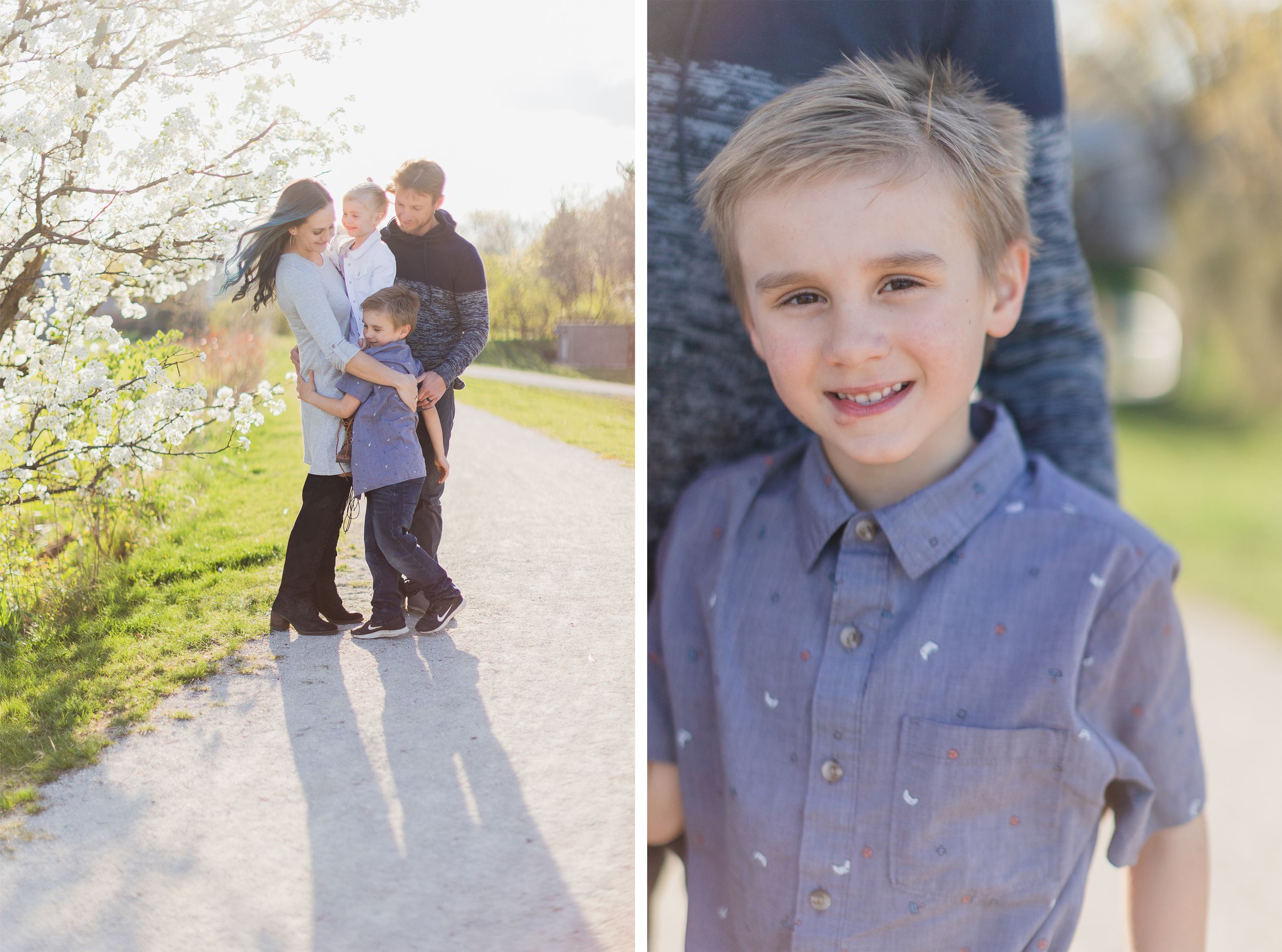 Wheaton Illinois, Northside Park. Family standing and hugging each other. Son smiling into the camera