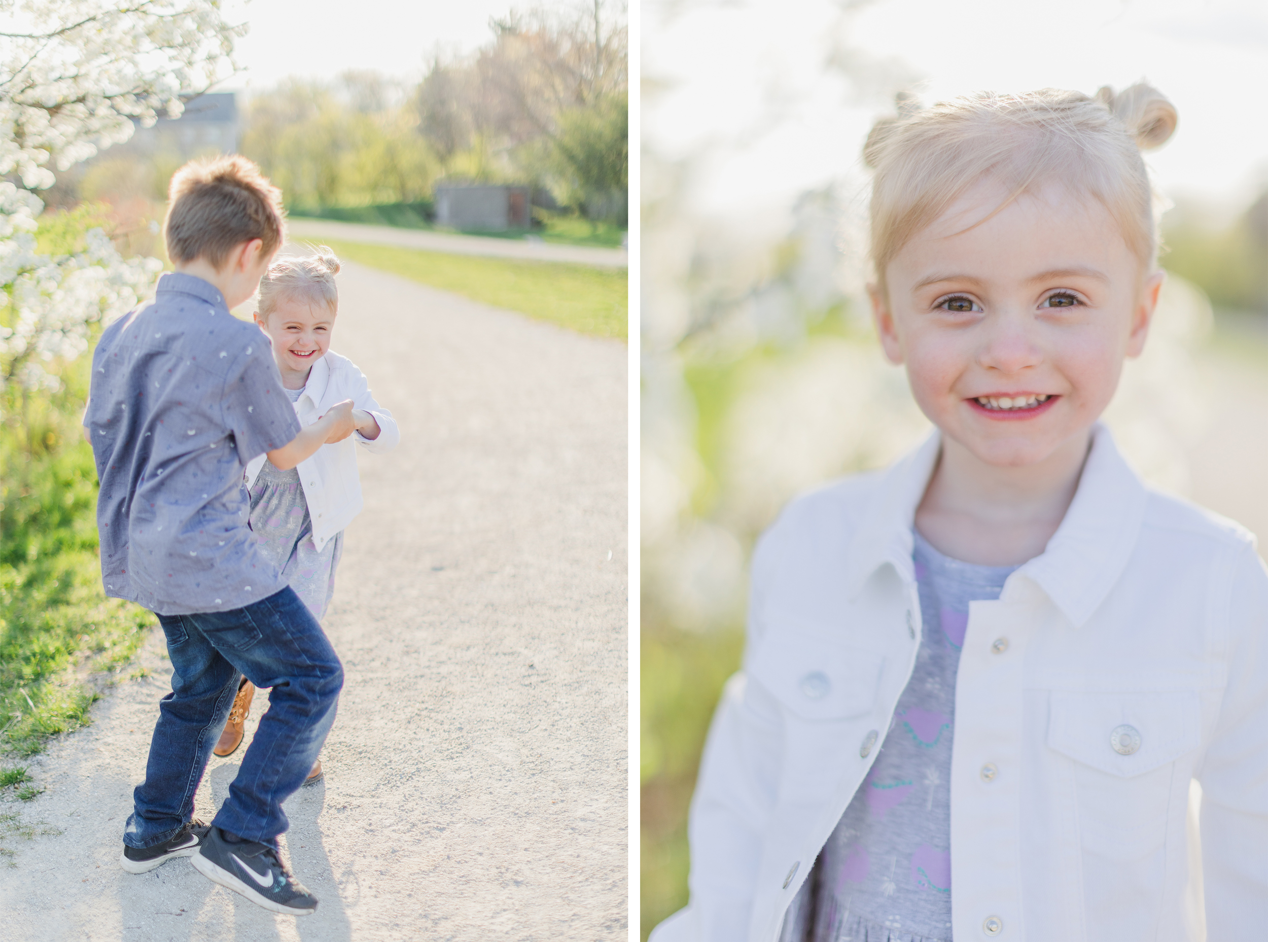 Spring Family Session, Wheaton Illinois, Northside Park. Siblings holding hands, spinning in circles. daughter laughing in the camera