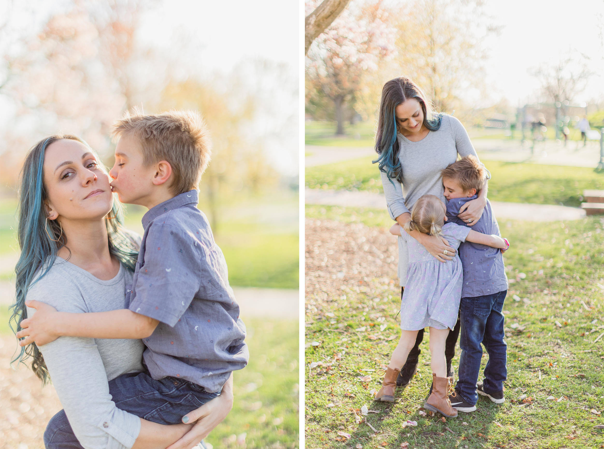 Wheaton Illinois, Northside Park. Mother is holding son. Son is giving Mom a kiss on the cheek. Mother is hugging son and daughter, who are smiling at each other