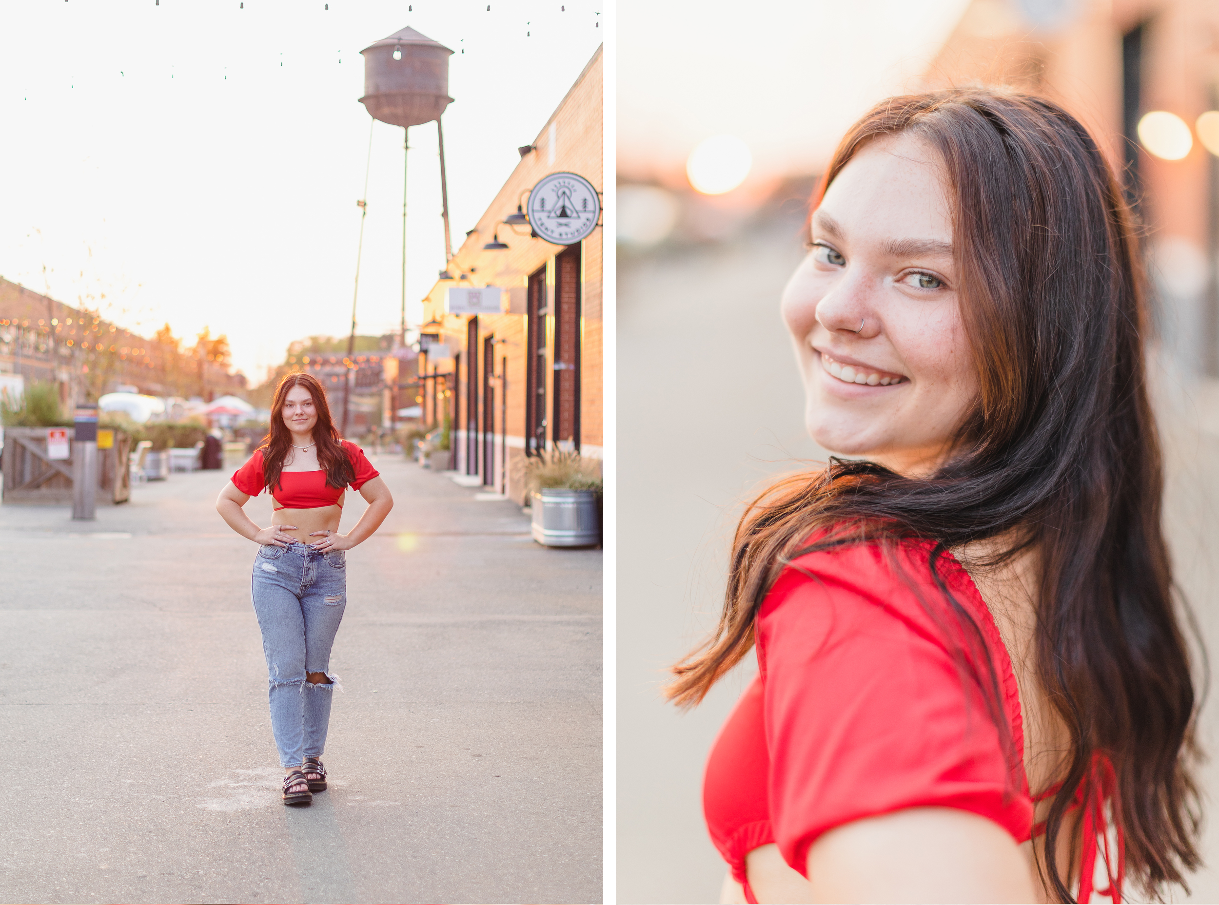 Senior walking down urban alley with shops around at Camp North End in Charlotte NC, looking at the camera, model face