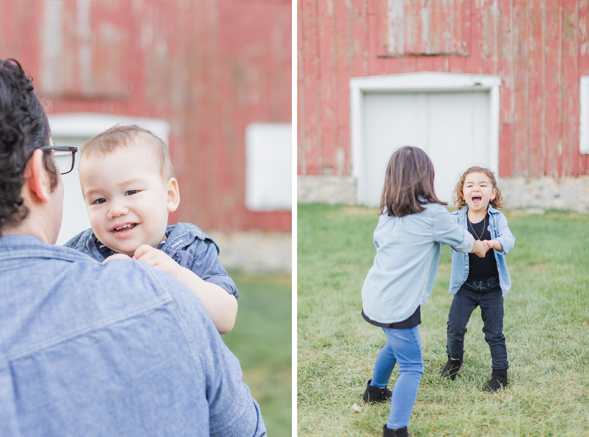 St. Charles, IL. LeRoy Oaks Forest Preserve. Dad is holding son, who is smiling into the camera over his dad's shoulder. Sisters are holding hands, spinning in a circle, laughing