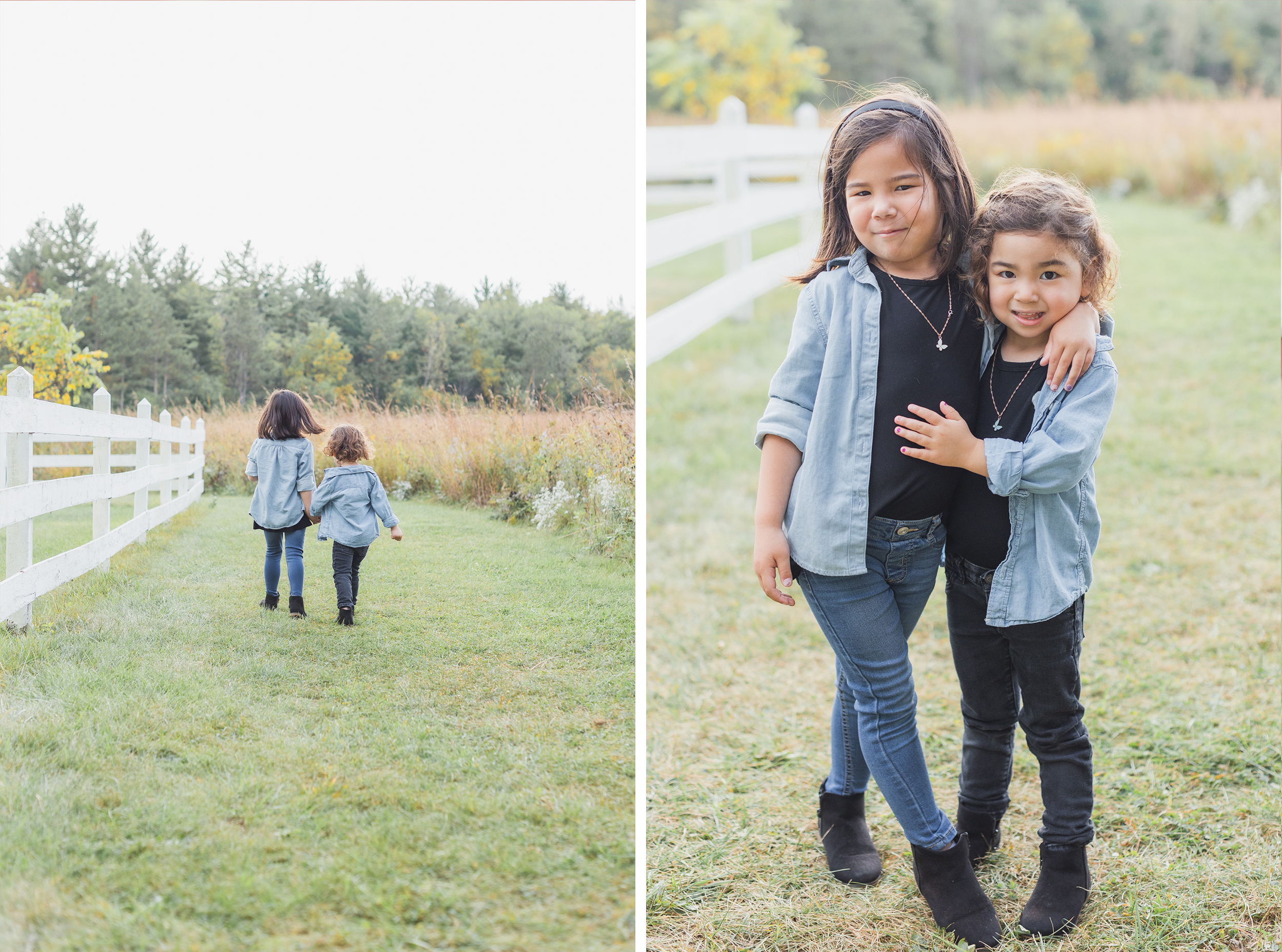 St. Charles, IL. LeRoy Oaks Forest Preserve. Sisters are walking along side the white fence, holding hands