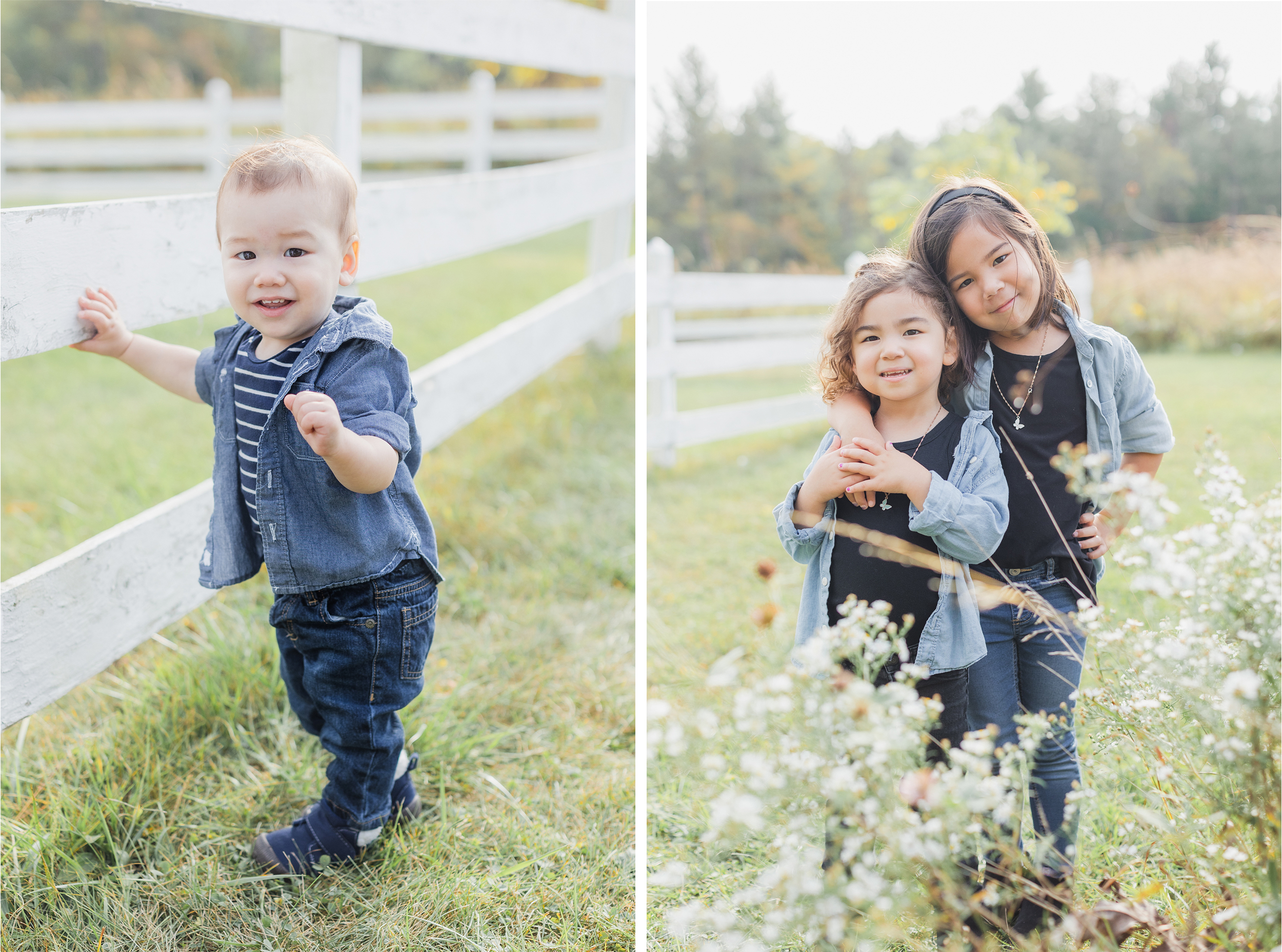 Fall Family Session in Illinois. LeRoy Oaks Forest Preserve. Sisters hugging and standing next to each other, smiling at the camera. Brother is standing next to a white fence, smiling at the camera