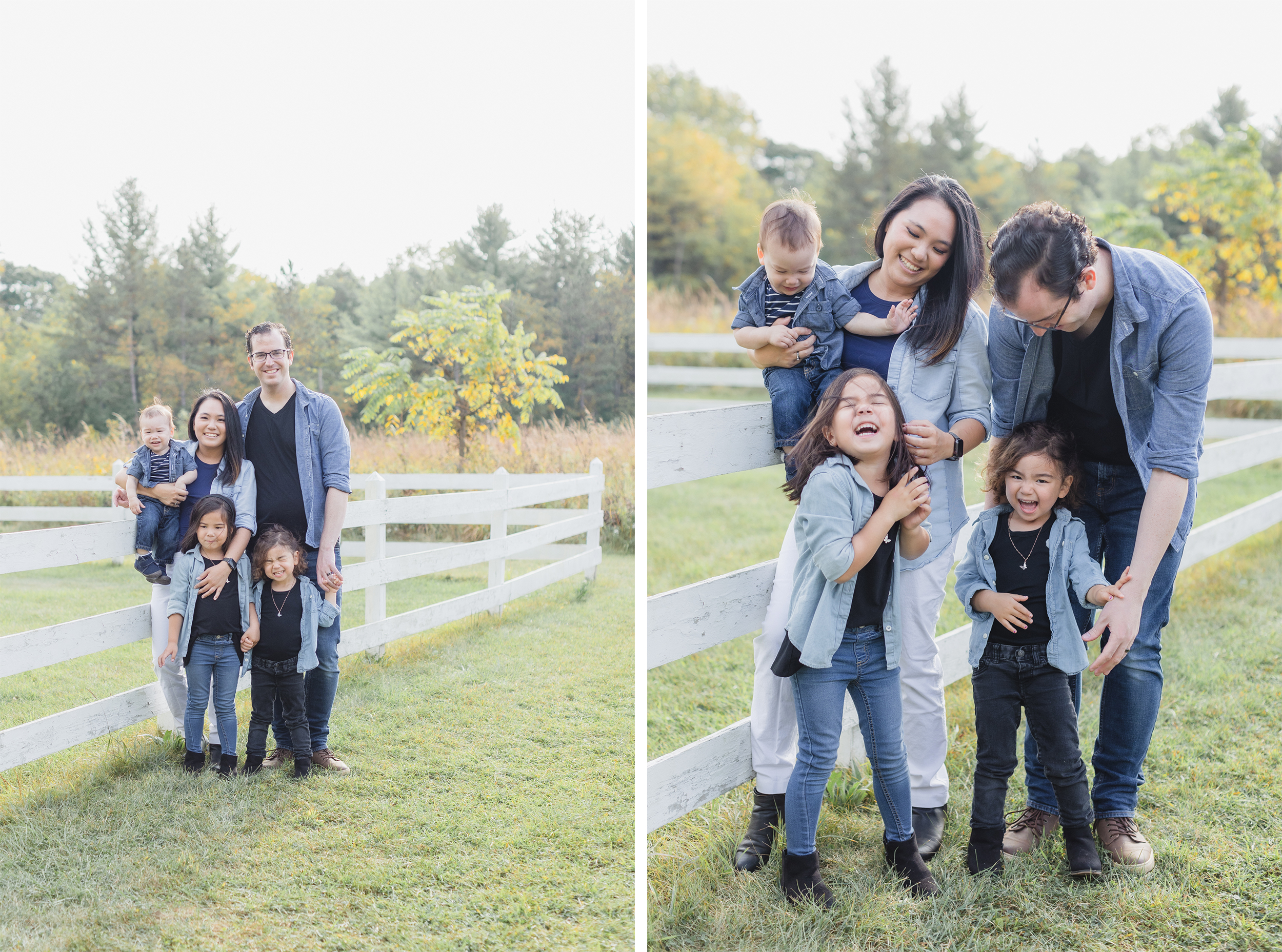 Fall Family Session, St. Charles, IL. LeRoy Oaks Forest Preserve. Family is standing against a white fence. Parents are tickling their children laughing and looking at each other