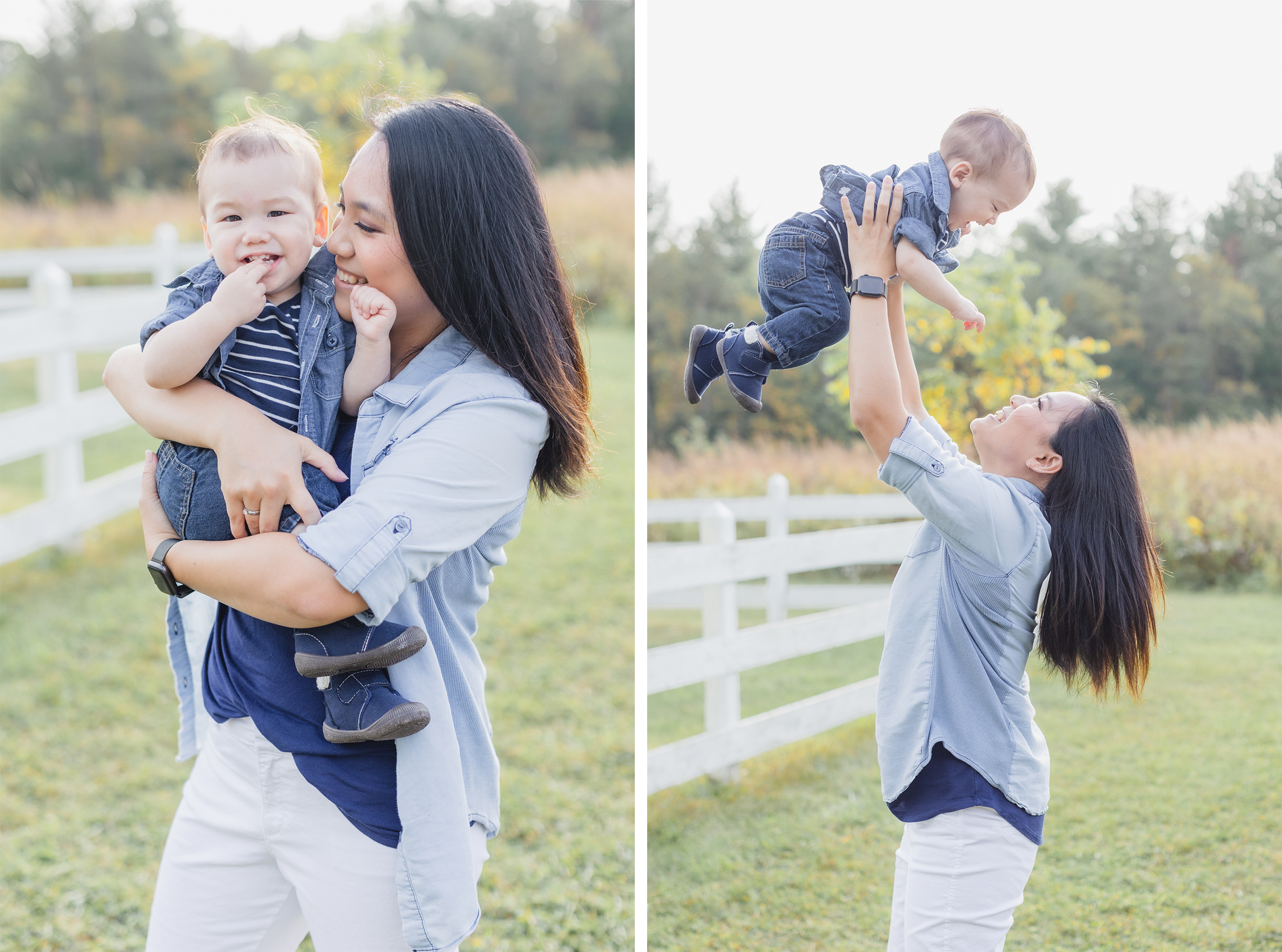 St. Charles, IL. LeRoy Oaks Forest Preserve. Mom is holding her son, looking and smiling at him. Mom is throwing her son in the air, son is laughing at her