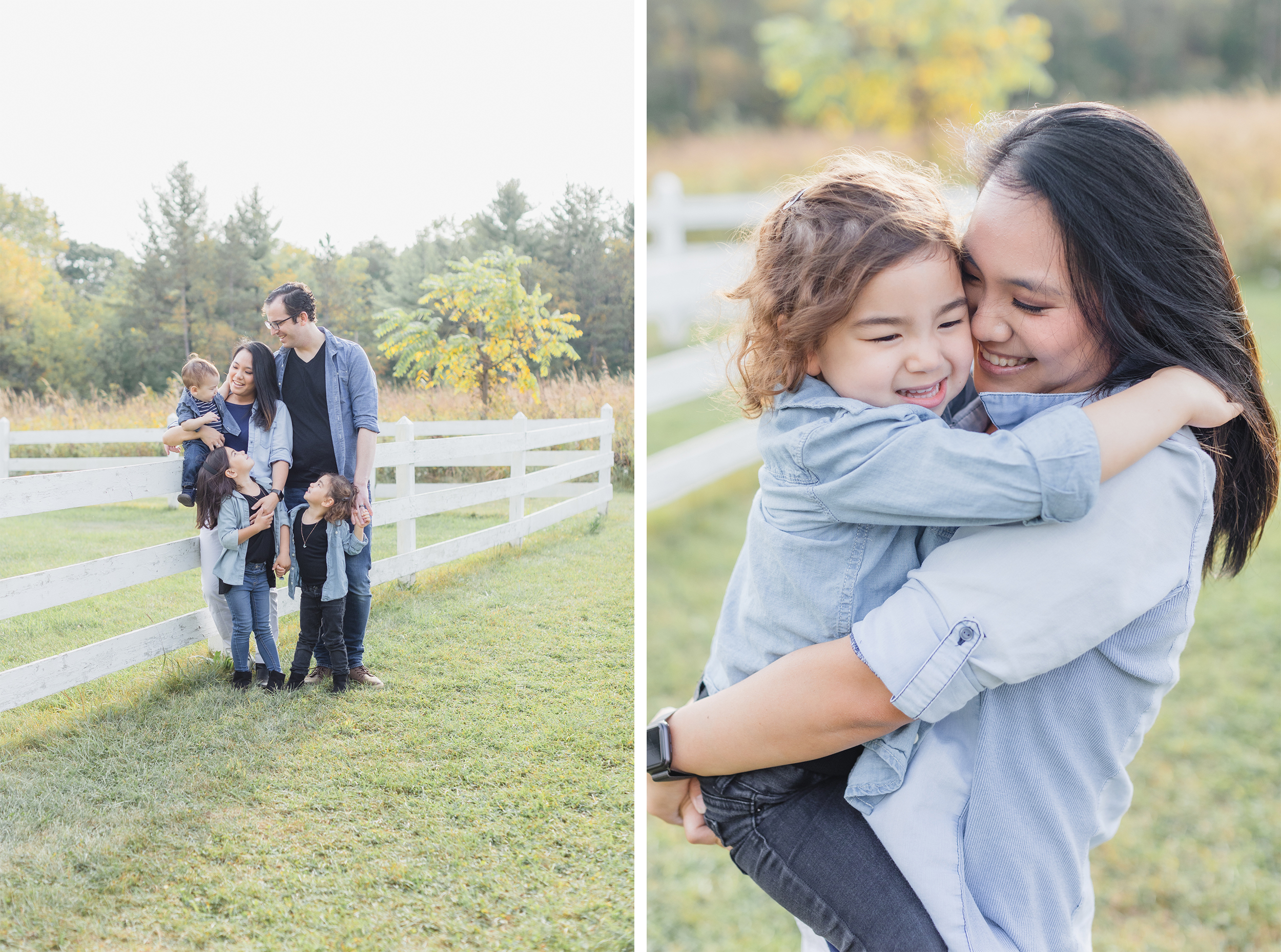 Fall Family Session, St. Charles, IL. LeRoy Oaks Forest Preserve. Family is standing, hugging each other next to a white fence, looking at each other