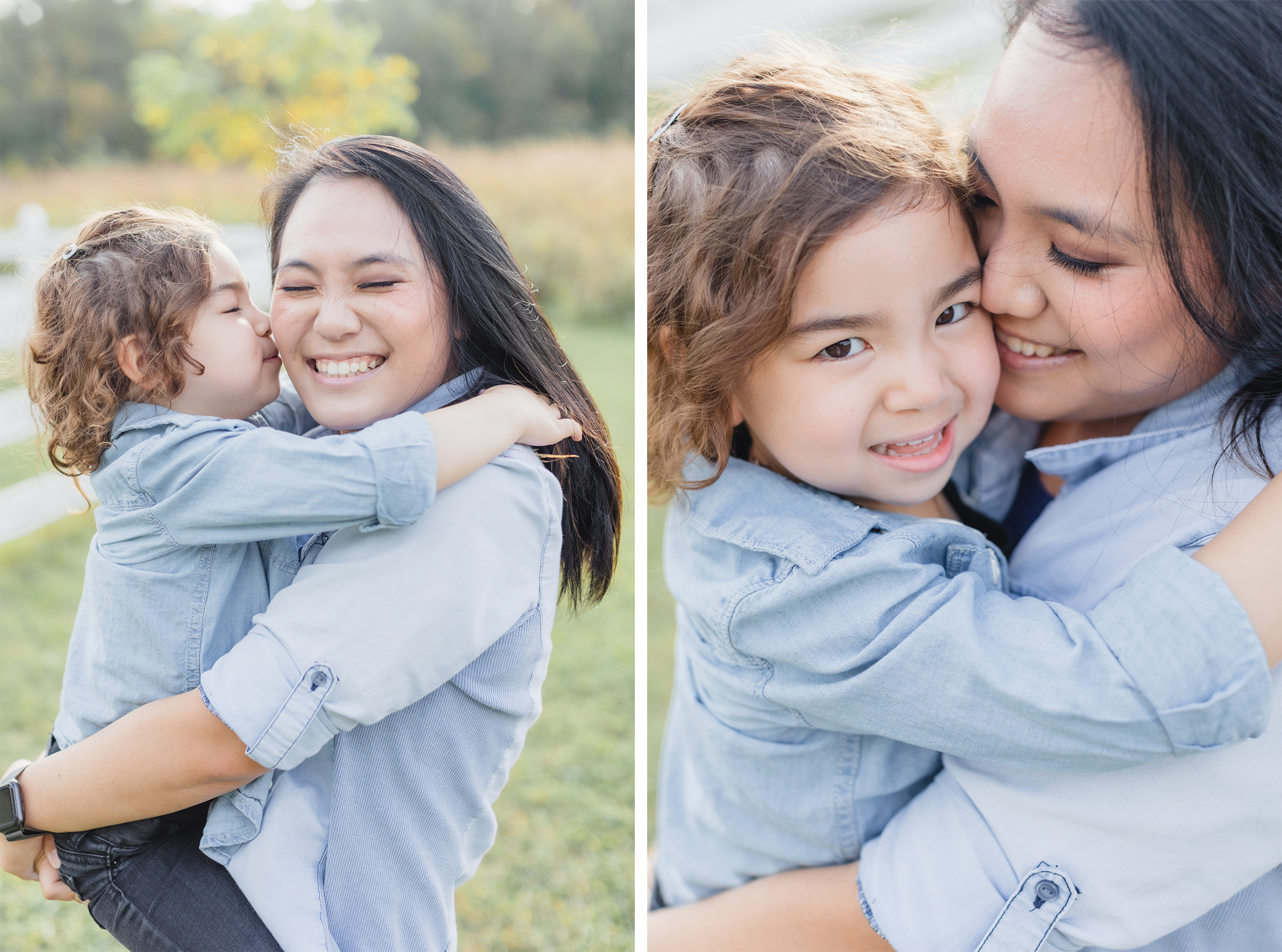 Fall Family Session, St. Charles, IL. LeRoy Oaks Forest Preserve. Mother is holding daughter, daughter is giving mom a kiss on the cheek. Mom is looking at daughter, their cheeks are touching. Daughter smiling at the camera