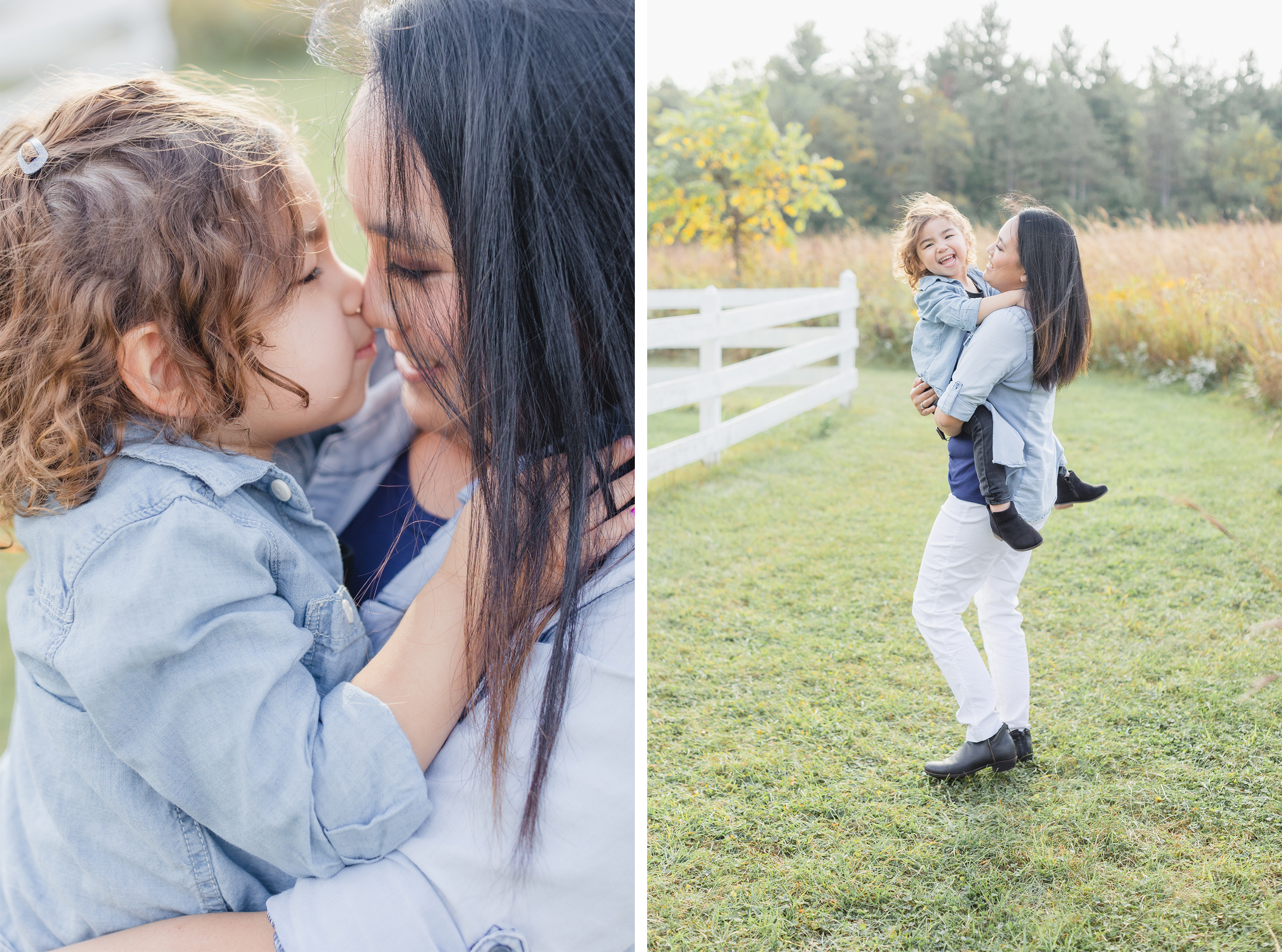 St. Charles, IL. LeRoy Oaks Forest Preserve. Mother is holding daughter, spinning in a circle. Daughter is laughing into the camera. Mother and daughter are nose to nose