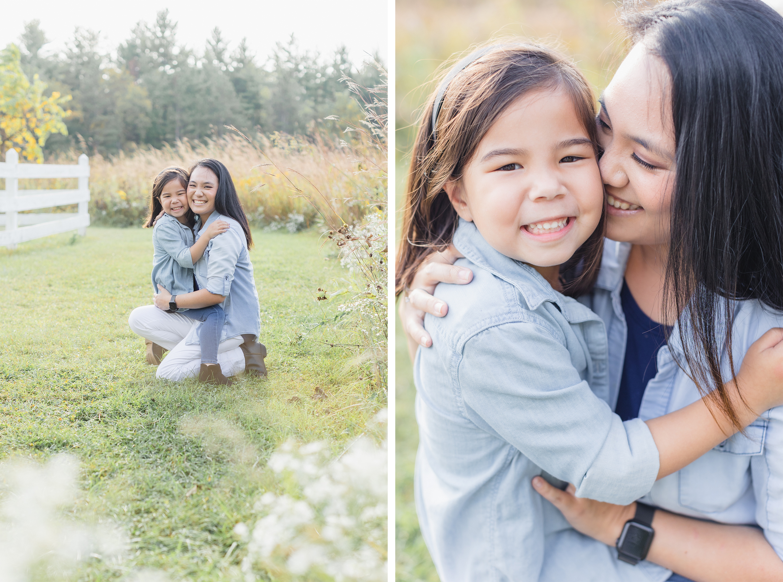 Fall Family Session, St. Charles, IL. LeRoy Oaks Forest Preserve. Mother is holding daughter, smiling at her. Daughter is smiling into the camera