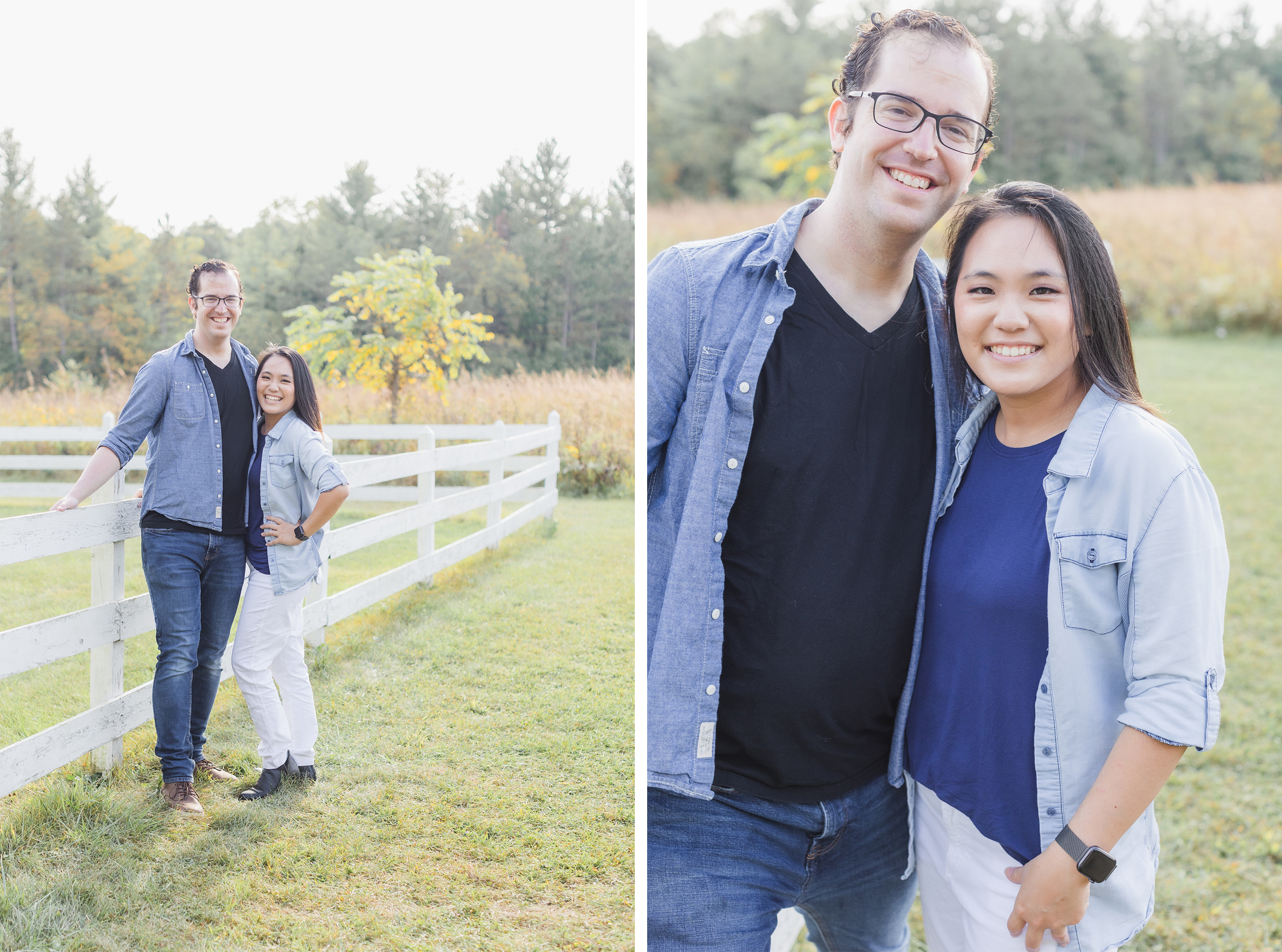 St. Charles, IL. LeRoy Oaks Forest Preserve. Parents are standing next to each other, hugging and smiling into the camera