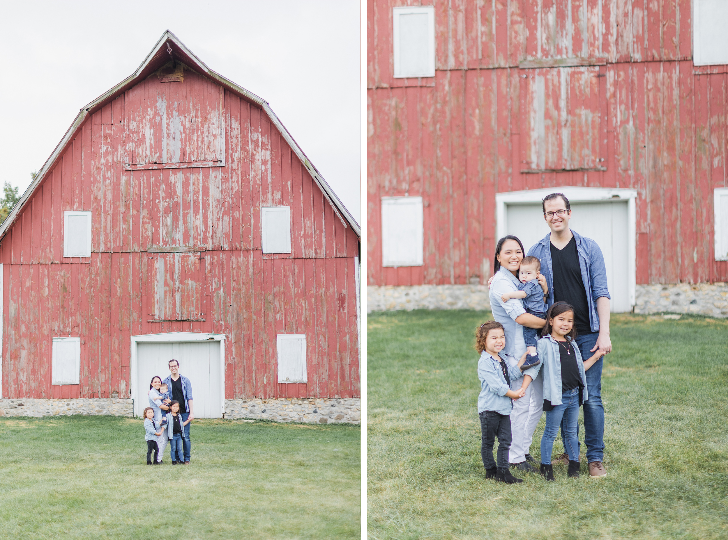 Fall Family Session, St. Charles, IL. LeRoy Oaks Forest Preserve. Mom, Dad their 3 children standing together, holding hands, smiling at the camera in front of a barn