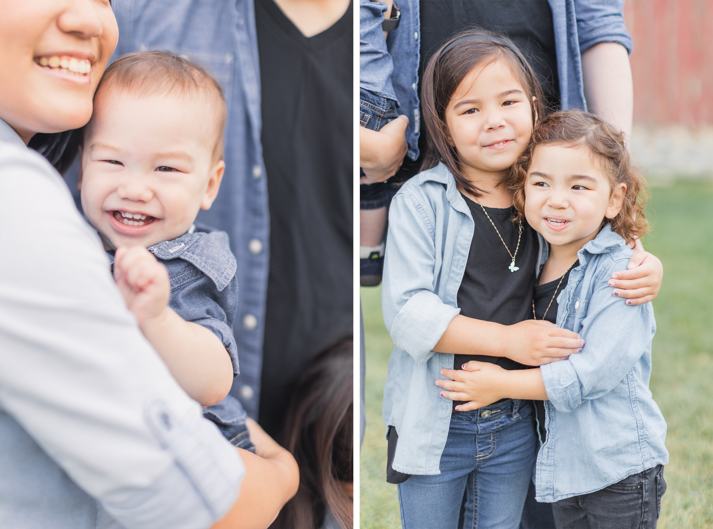 St. Charles, IL. LeRoy Oaks Forest Preserve. Close up shots of the kids hugging and laughing in the camera