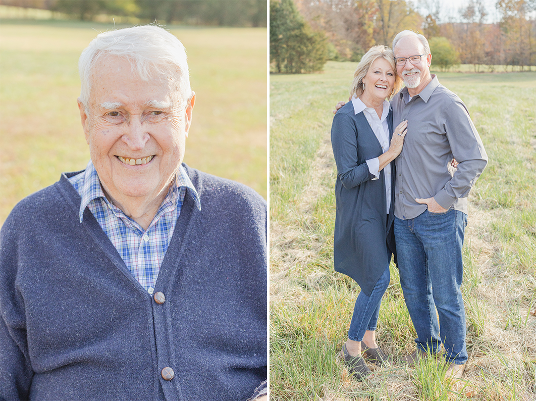 Extended Fall Family Session. Close up of Great Grandpa smiling into the camera. Grandma and Grandpa are standing next to each other, hugging and smiling into the camera