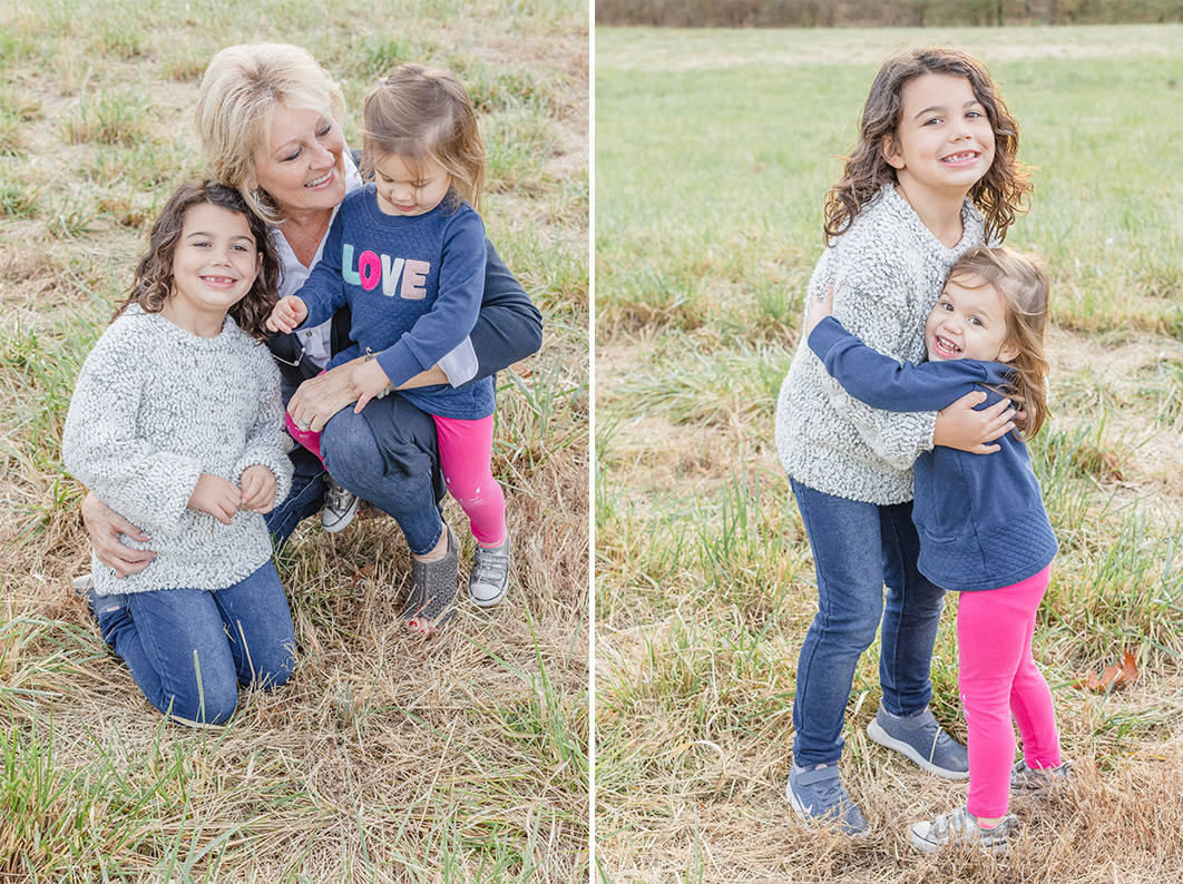 Grandma and Grand daughters are hugging smiling at each other during extended fall family session