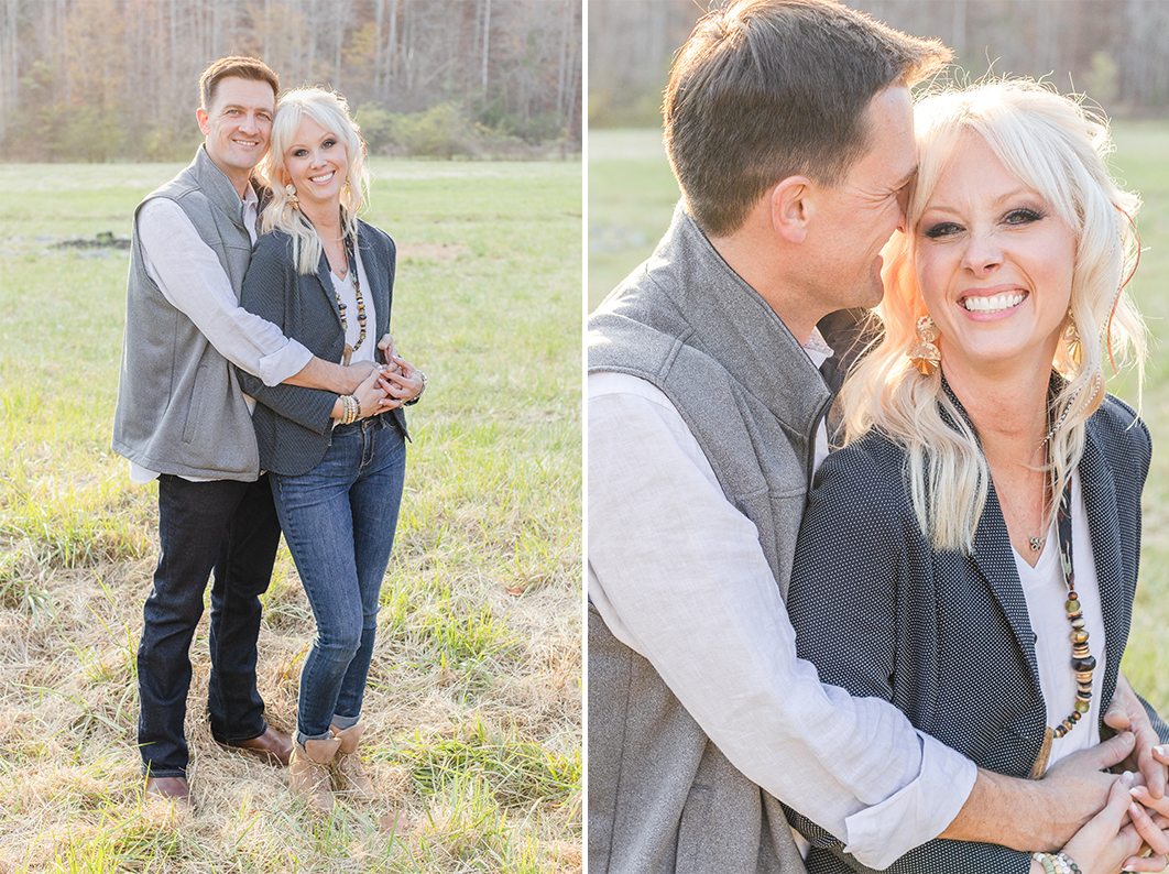 Photo of parents individually during extended family session. Dad is hugging Mom from the back and nuzzling into her temple. Mom is smiling into the camera