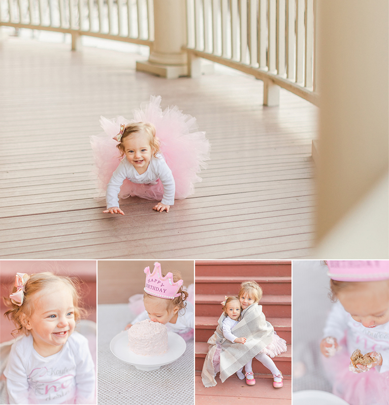 First Birthday Session. Cake Smash. One year old in a pink tutu, crawling towards the camera