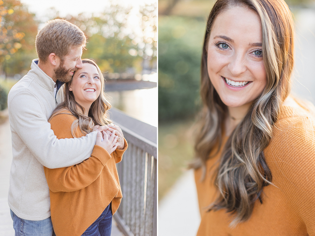 Charlotte NC. Golden hour. Dad is hugging mom from behind. Mom is laughing up at him. Single portrait of mom who is smiling into the camera