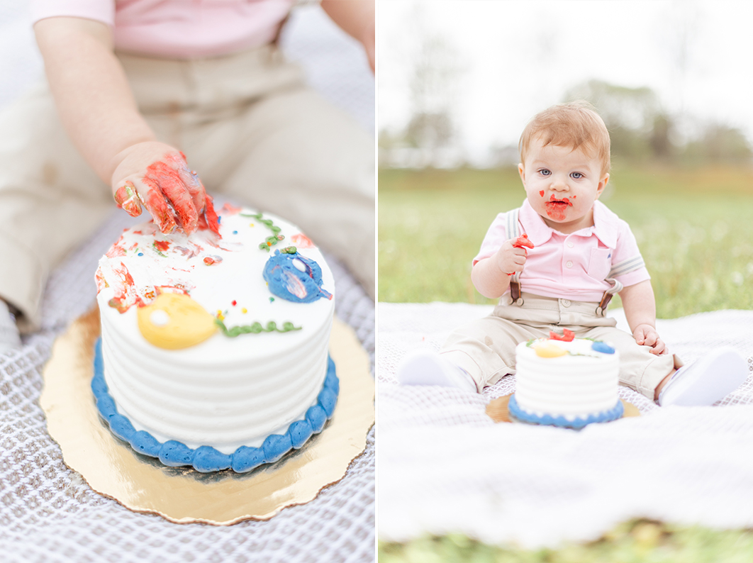 One year old is celebrating his first birthday, by digging into his birthday cake during his mommy + me cake smash session