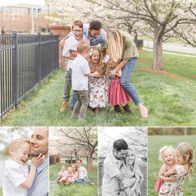 A Spring Blossom Family Session in Ballantyne NC, featured image. Oliver Family making memories laughing and cuddling with each other