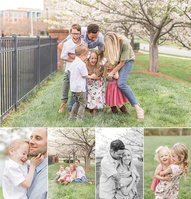 A Spring Blossom Family Session in Ballantyne NC, featured image. Oliver Family making memories laughing and cuddling with each other