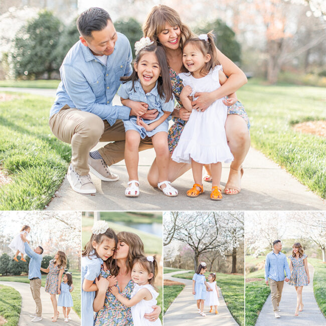 Collage of the Spring Mini Session. Family laughing with each other on a path surrounded by grass and blossoms.