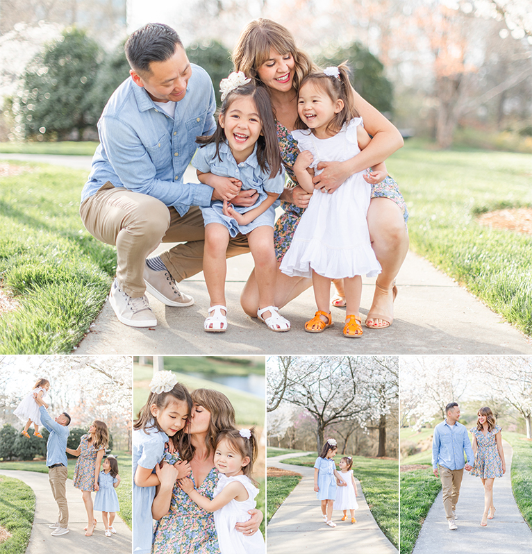 Collage of the Spring Mini Session. Family laughing with each other on a path surrounded by grass and blossoms.