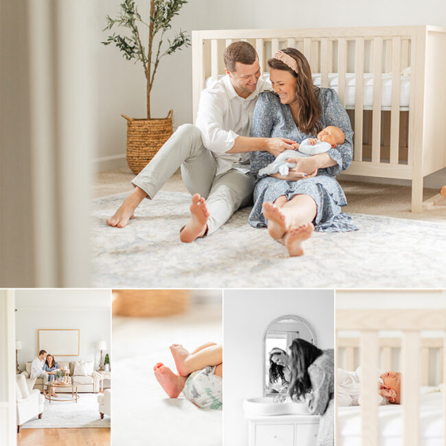 Collage of the Newborn Session. Parents sitting in front of crib holding baby and smiling at baby.