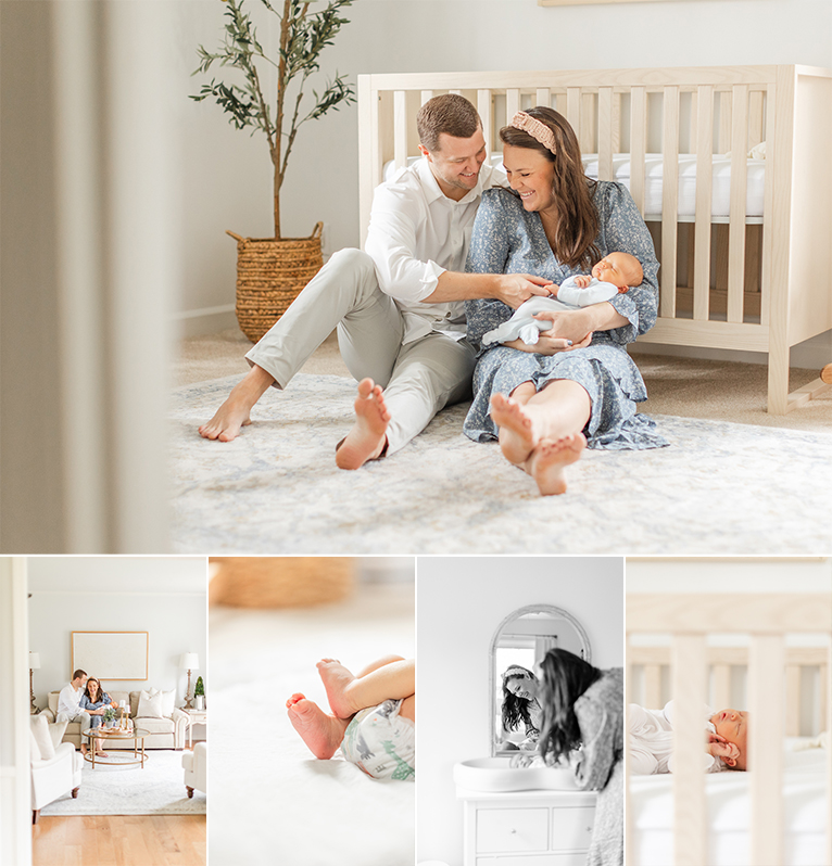 Collage of the Newborn Session. Parents sitting in front of crib holding baby and smiling at baby.